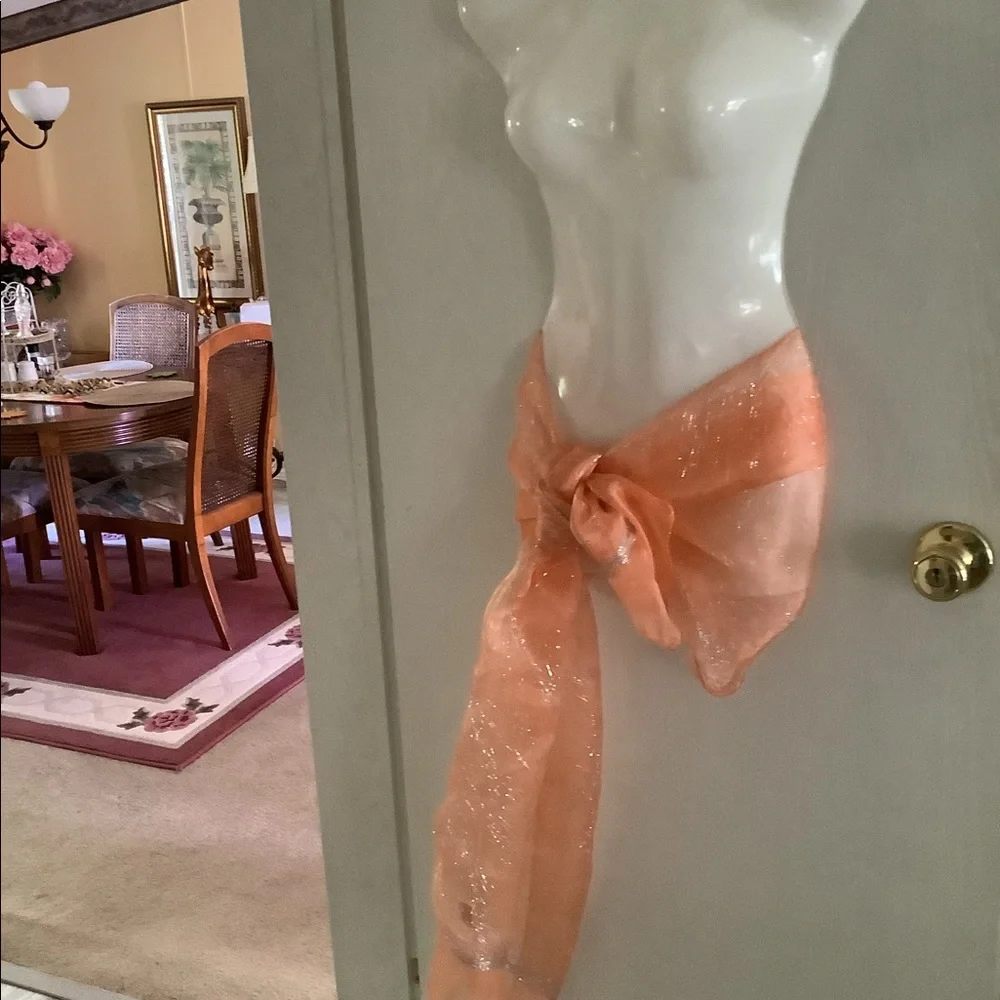 Scarf silk look silver sparkles versatile peach can be worn many ways. 72”x20”